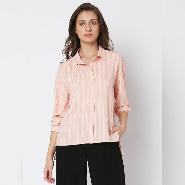 

BESTSELLER CLOTHING Peach Striped High-Low Shirt