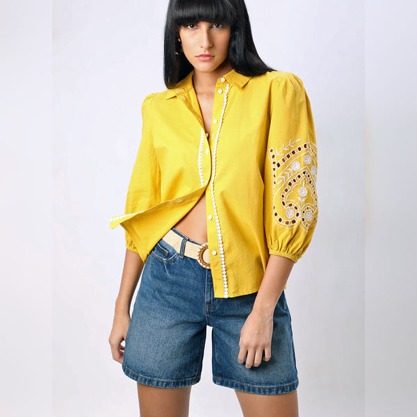 VERO MODA Women Yellow Embroidered Cotton Shirt, Three-Quarter Sleeves, Spread Collar
VERO MODA Women Yellow Embroidered Cotton Shirt, Three-Quarter Sleeves, Spread Collar