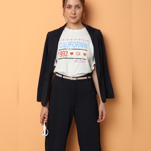 VERO MODA Women White Typographic Print Loose Fit T-shirt, Short Sleeves, Round Neck
VERO MODA Women White Typographic Print Loose Fit T-shirt, Short Sleeves, Round Neck
