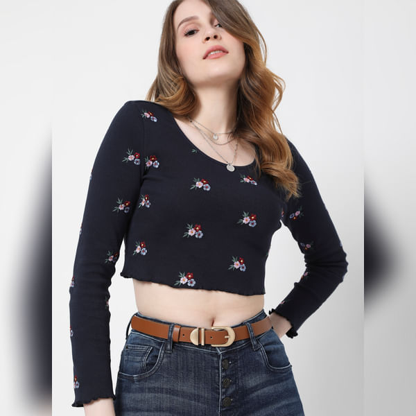 VERO MODA Women Navy Blue Floral Embroidered Crop Top, Long Sleeves, Round Neck
VERO MODA Women Navy Blue Floral Embroidered Crop Top, Long Sleeves, Round Neck