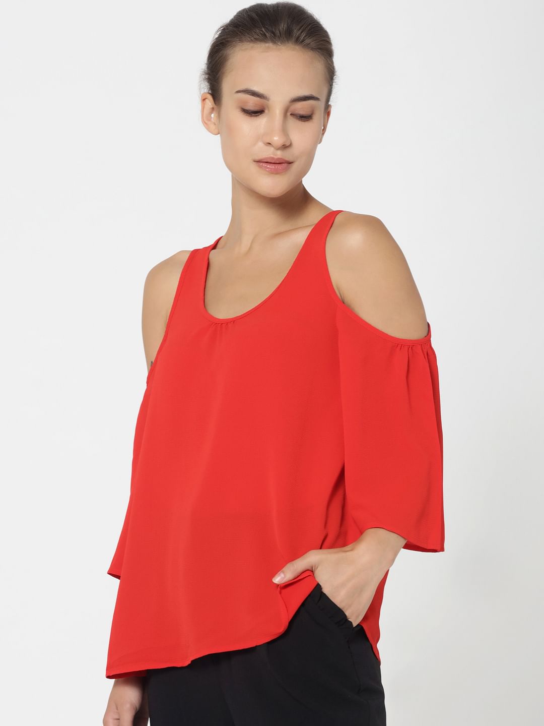 red cold shoulder shirt