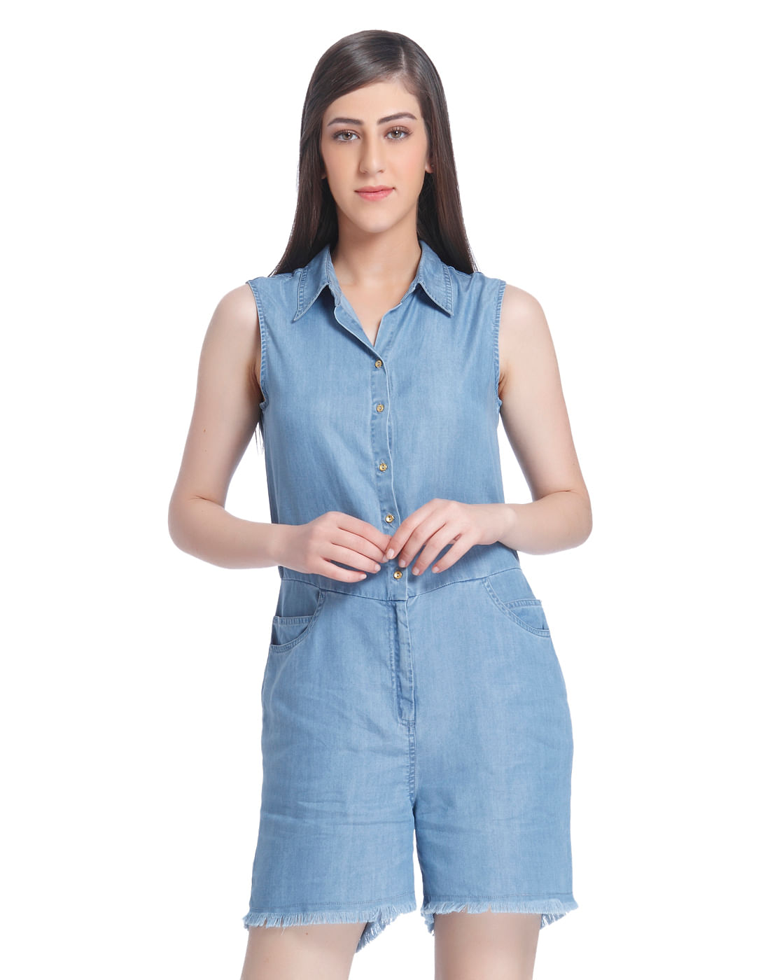 light blue denim jumpsuit