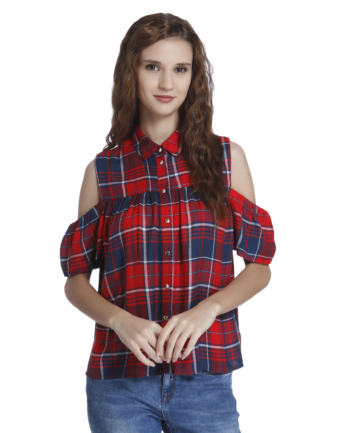 red cold shoulder shirt