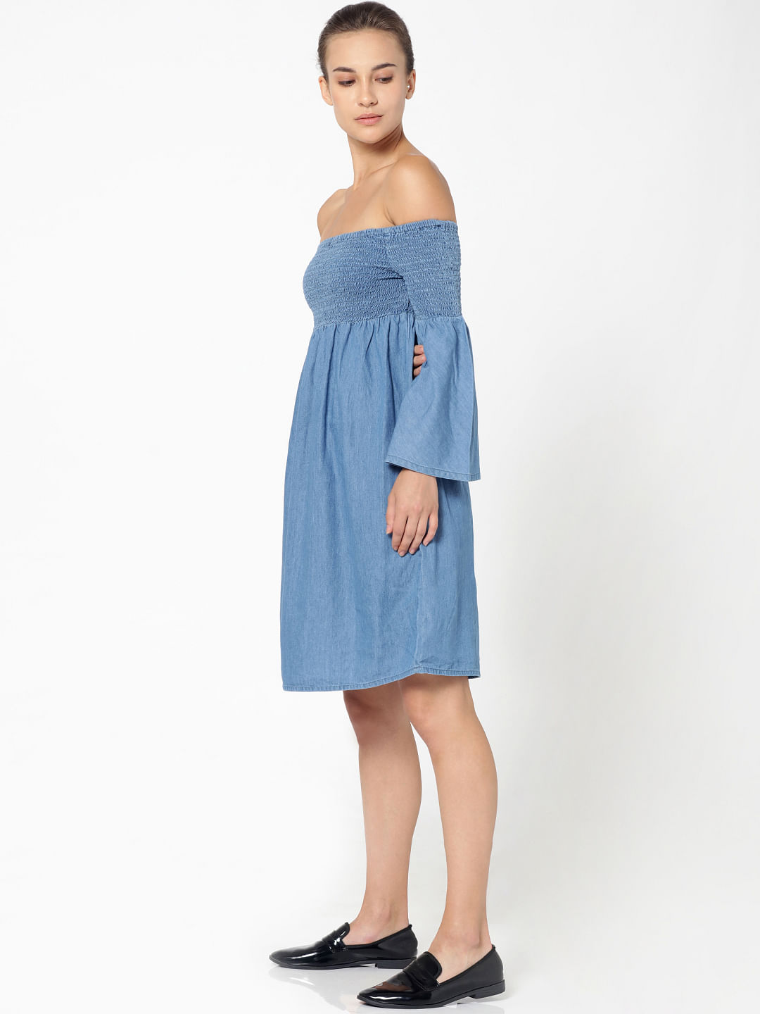 smocked denim dress