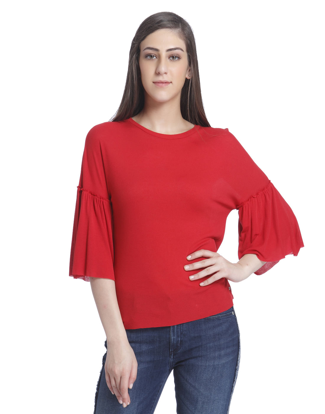 red shirt with bell sleeves