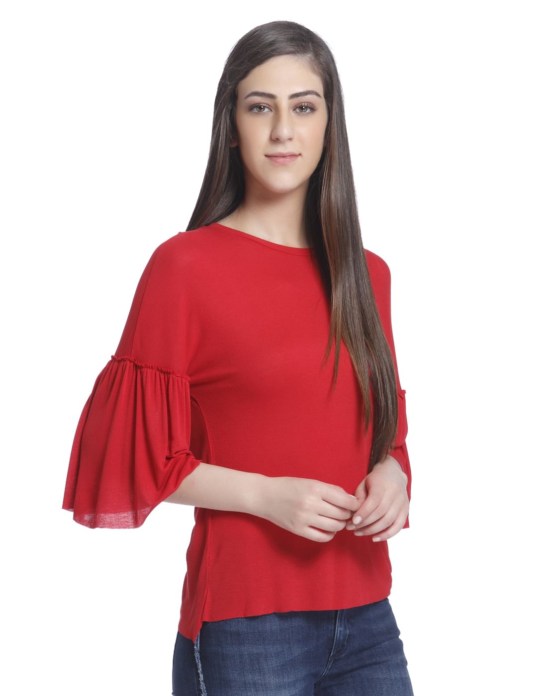 red shirt with bell sleeves