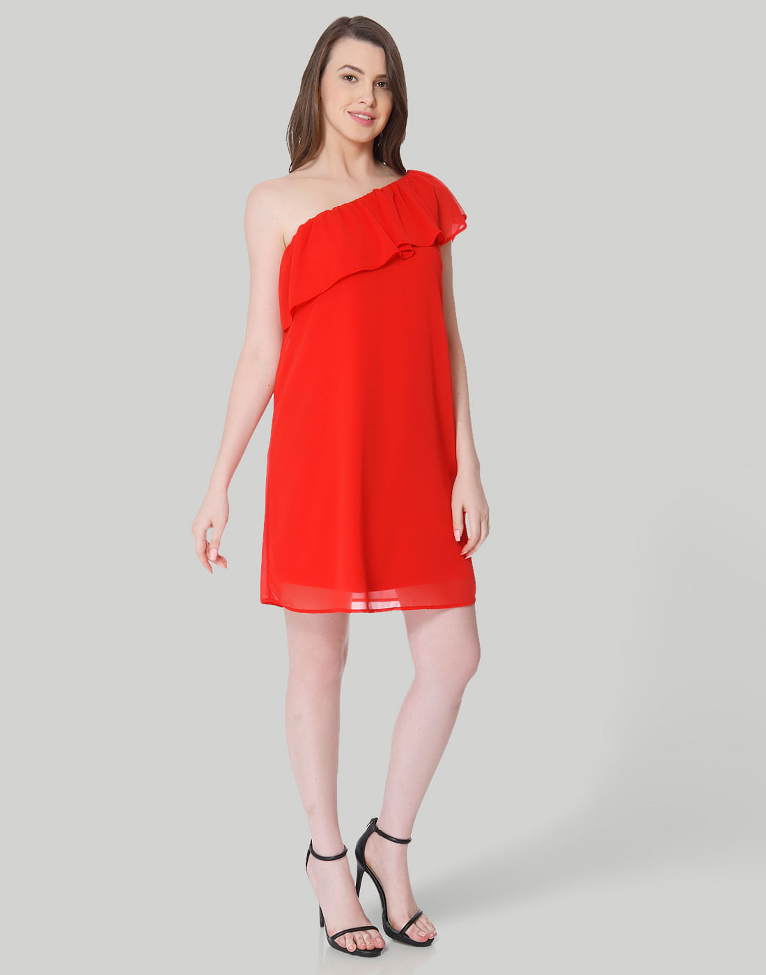 one shoulder red mini dress