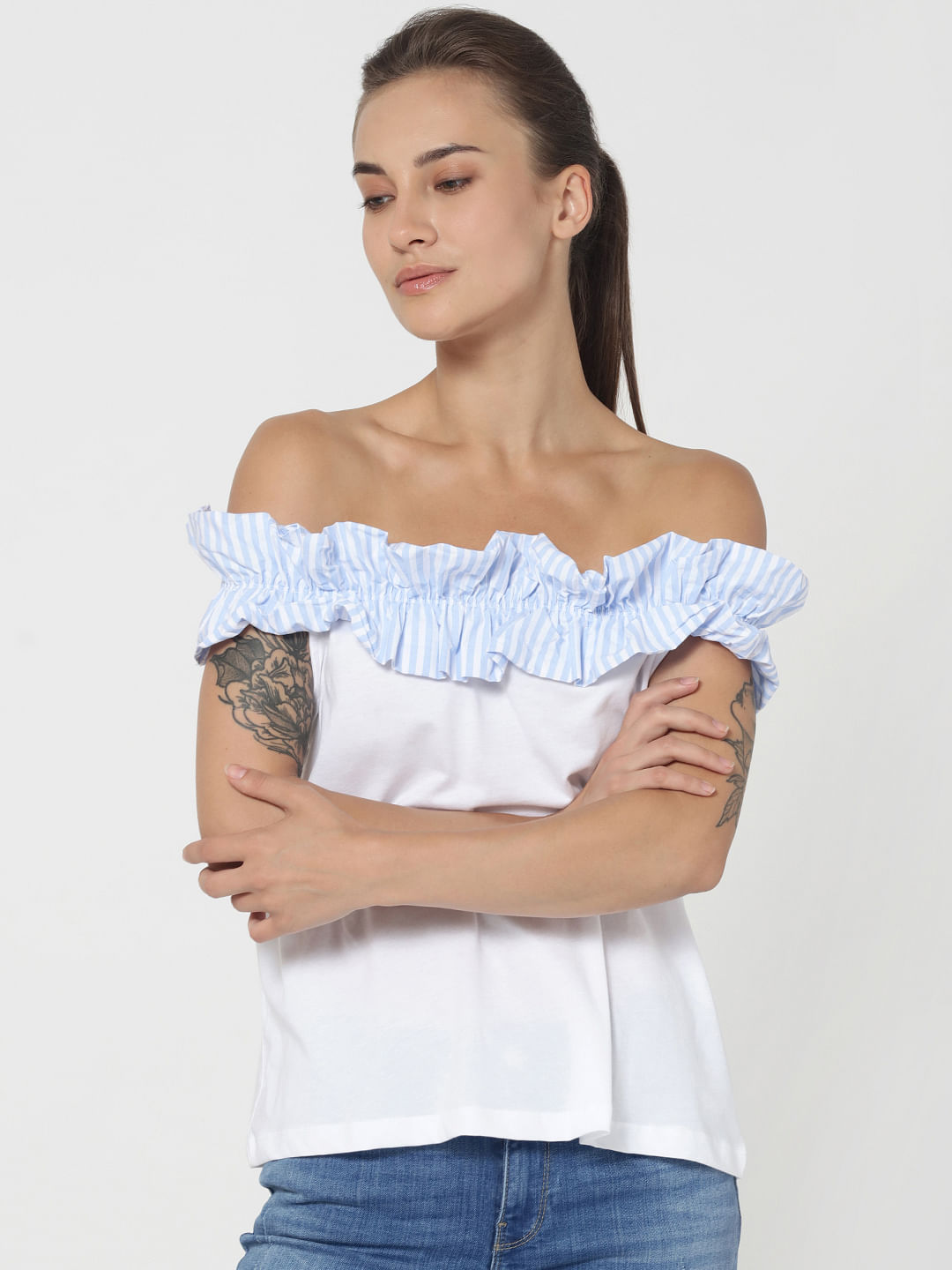 off the shoulder white t shirt