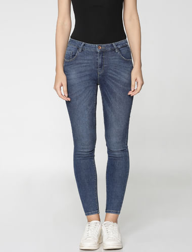 Dark Blue Mid Rise Ankle Length Skinny Fit Jeans