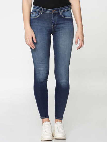Dark Blue Mid Rise Washed Ankle Length Skinny Fit Jeans
