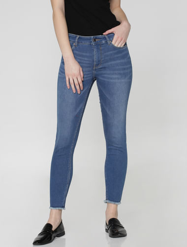 Blue Mid Rise Washed Ankle Length Skinny Fit Jeans