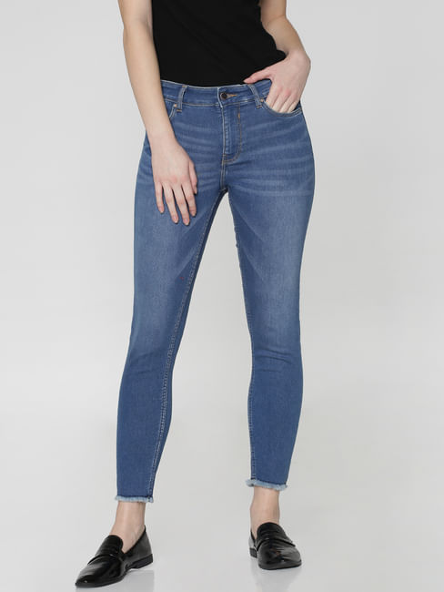 Blue Mid Rise Washed Ankle Length Skinny Fit Jeans