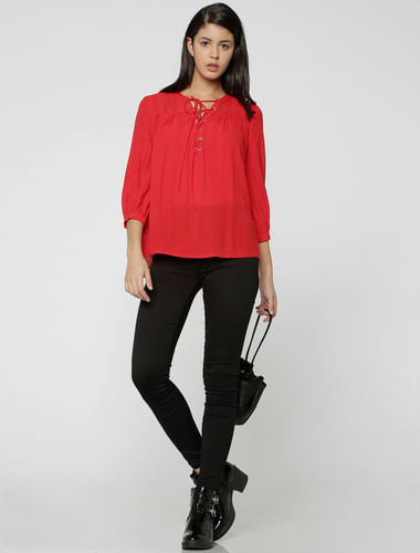 Red Lace Up Neck Detail Top