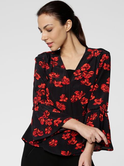 Black All Over Floral Print Bell Sleeves Top