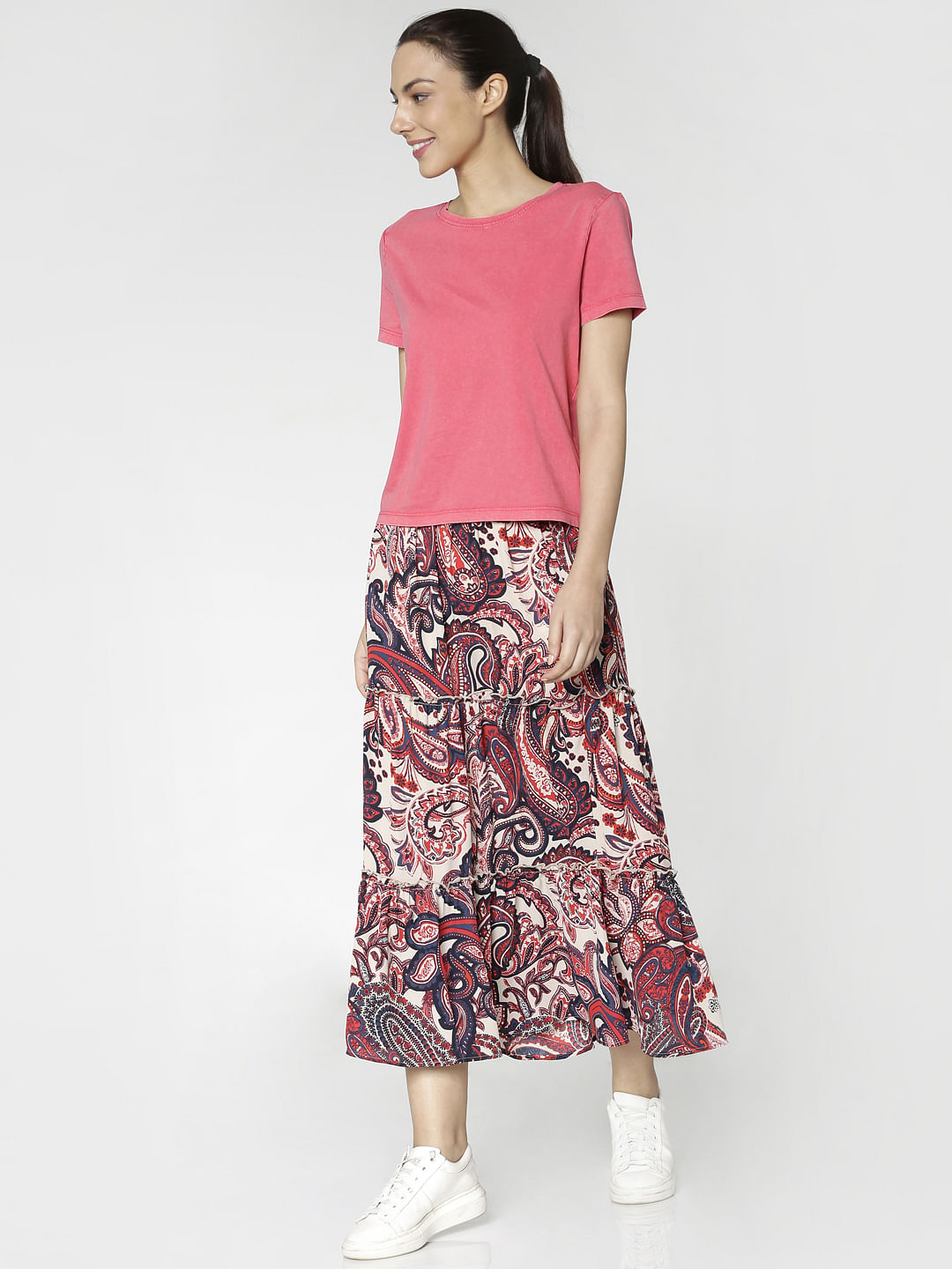 pink flared midi skirt