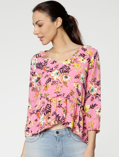 Pink All Over Floral Print Ruffled Hem Top