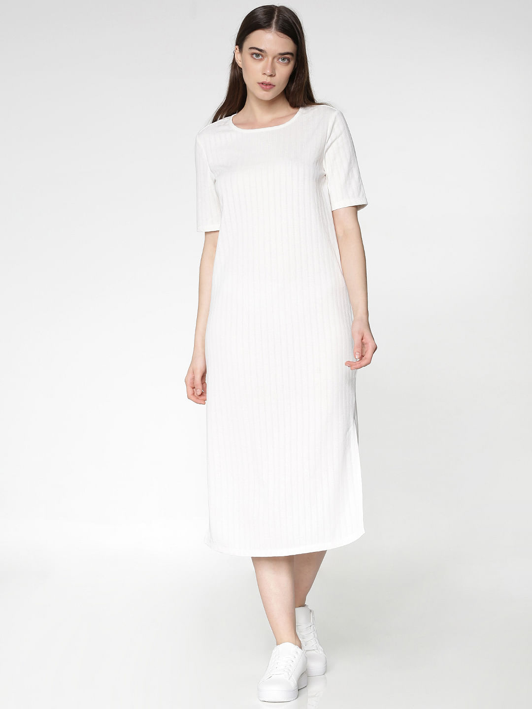 White Side Slit Midi Jersey Dress 