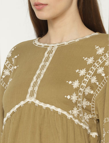 Brown Embroidery Detail Flared Top
