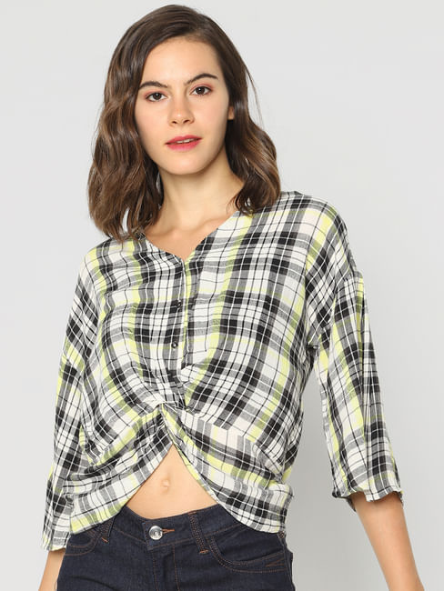 White Check Knot Detail Cropped Shirt
