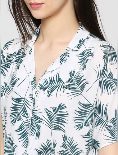 White All Over Tropical Print Front Tie Cropped Shirt