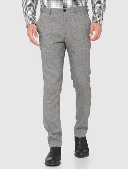 Grey Mid Rise Slim Fit Formal Trousers