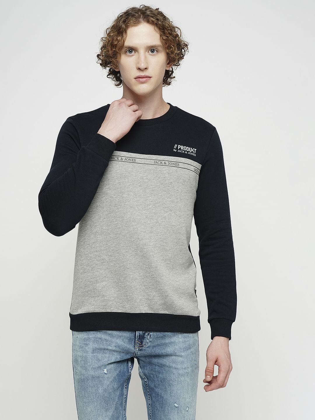 PRODUKT by JACK JONES Grey Colourblocked Cotton Sweatshirt