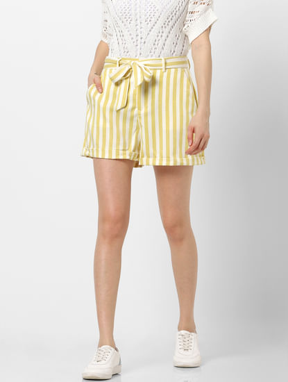 White Mid Rise Striped Shorts