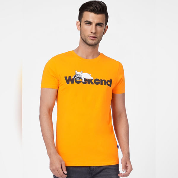 BESTSELLER CLOTHING Orange Graphic Print Crew Neck T-shirt
