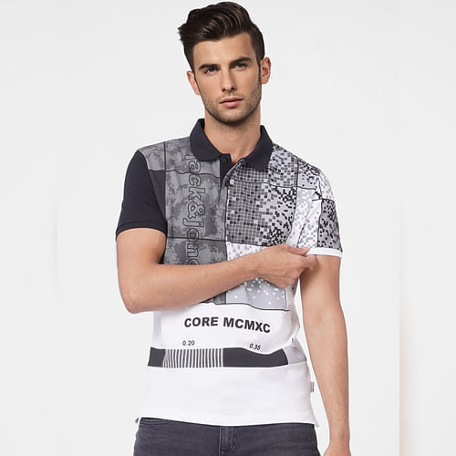JACK&JONES White Pixel Print Polo T-shirt