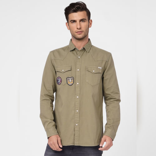 JACK&JONES Green Patch Pocket Full Sleeves Shirt