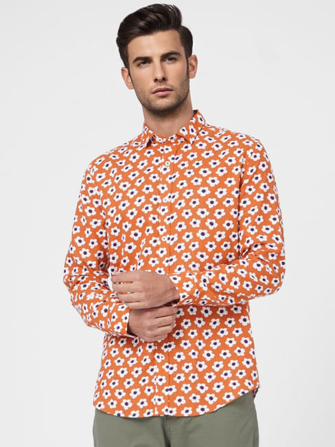 Orange Floral Full Sleeves Shirt