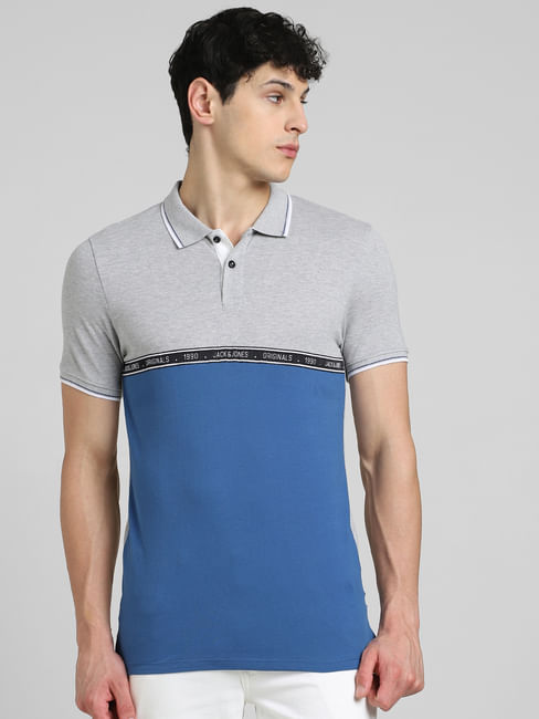 Grey Colourblocked Polo Neck T-shirt