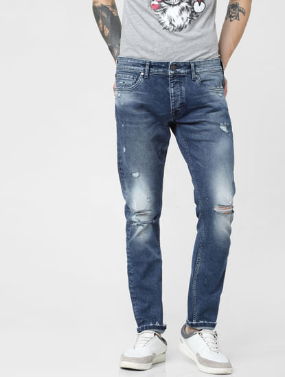 Blue Low Rise Distressed Glenn Slim Fit Jeans