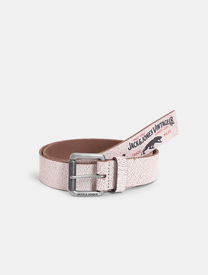 White Abstract Print Leather Belt