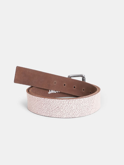 White Abstract Print Leather Belt