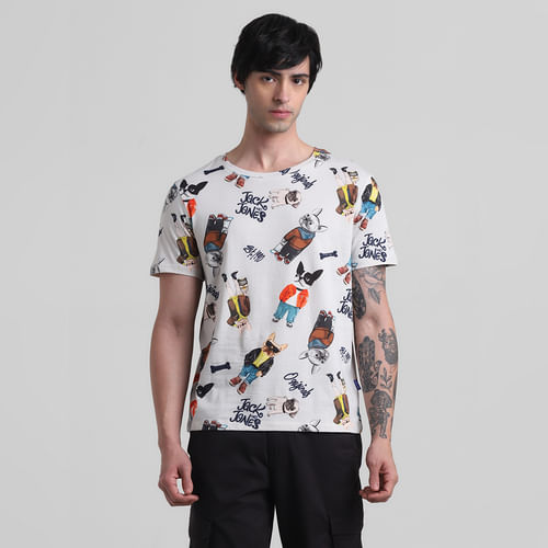 JACK&JONES White Printed Crew Neck T-shirt