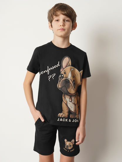 Boys Black Confused Dog T-shirt