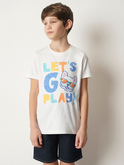 Boys White Text Print T-shirt