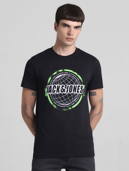 Black Globe Logo Print Crew Neck T-shirt