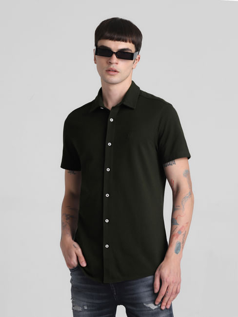 Dark Green Knit Short Sleeves Shirt