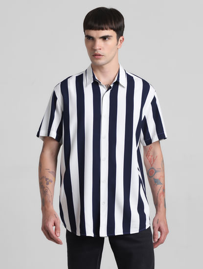Dark Blue Striped Short Sleeves Shirt