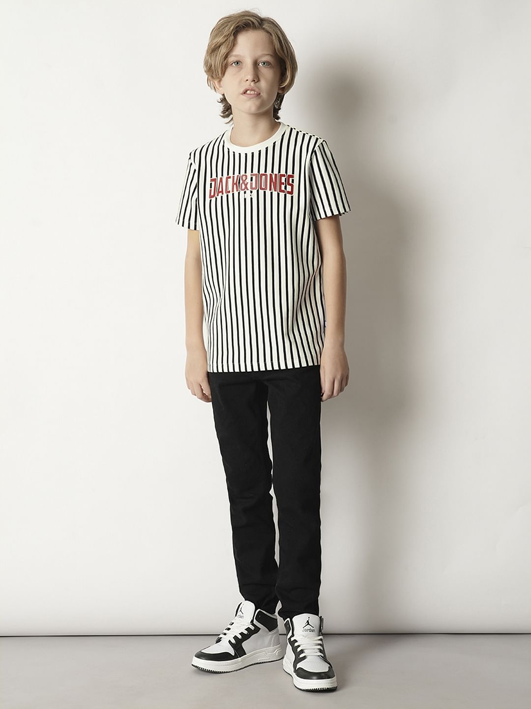 Boys black and white striped t shirt hotsell