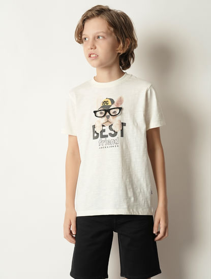 Boys Beige Graphic Print Crew Neck T-shirt
