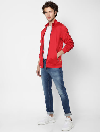 Red Embossed Text Sweat Jacket