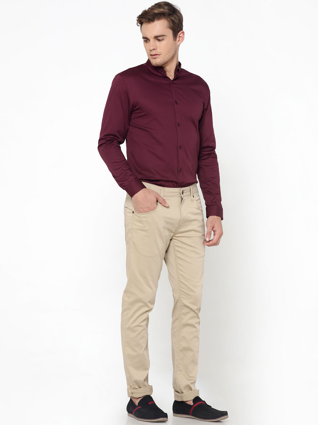 Buy Park Avenue Maroon Cotton Blend Slim Fit Shirt at Amazon.in