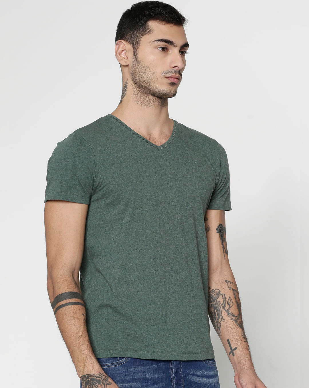 Buy Green Slim Fit V-Neck T-Shirt in - Flat 50%