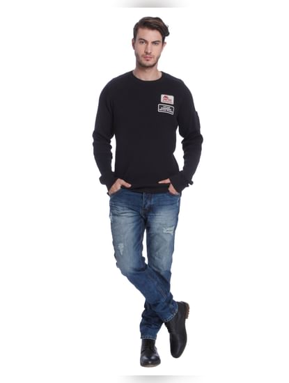 Black Badge Detail Crew Neck Cardigan