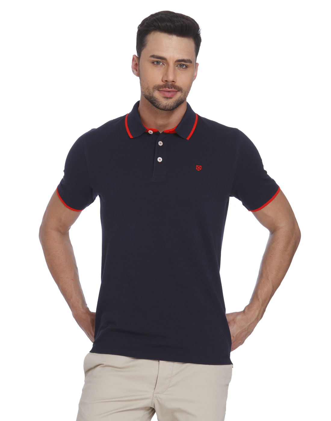 orange and blue polo t shirt