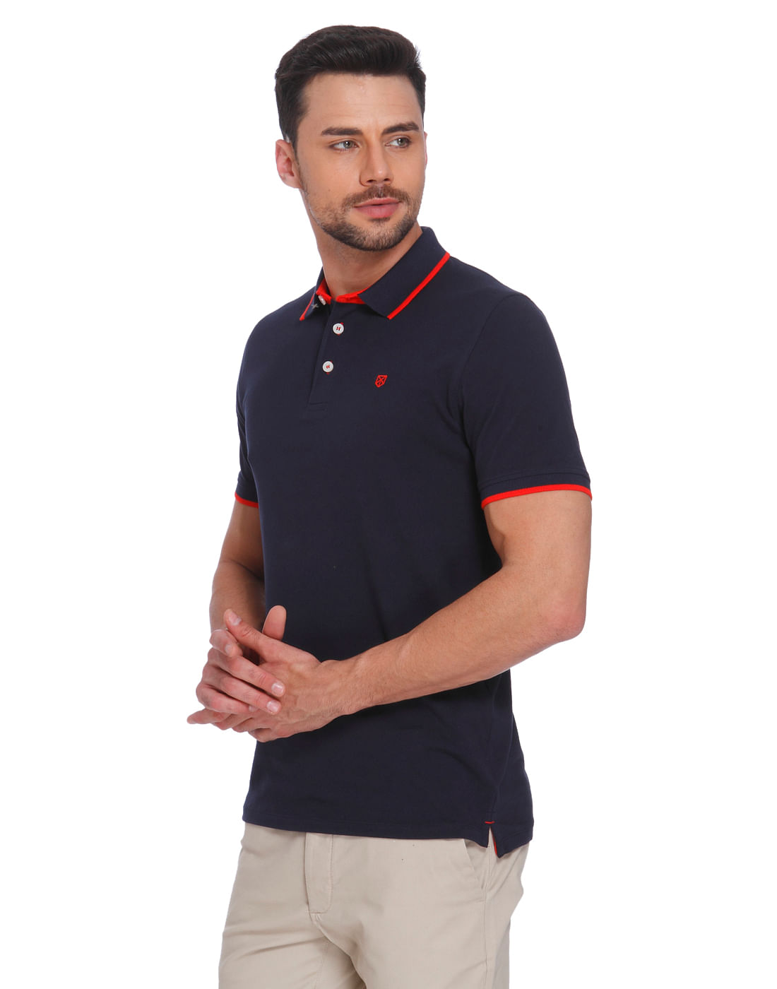 orange and blue polo t shirt