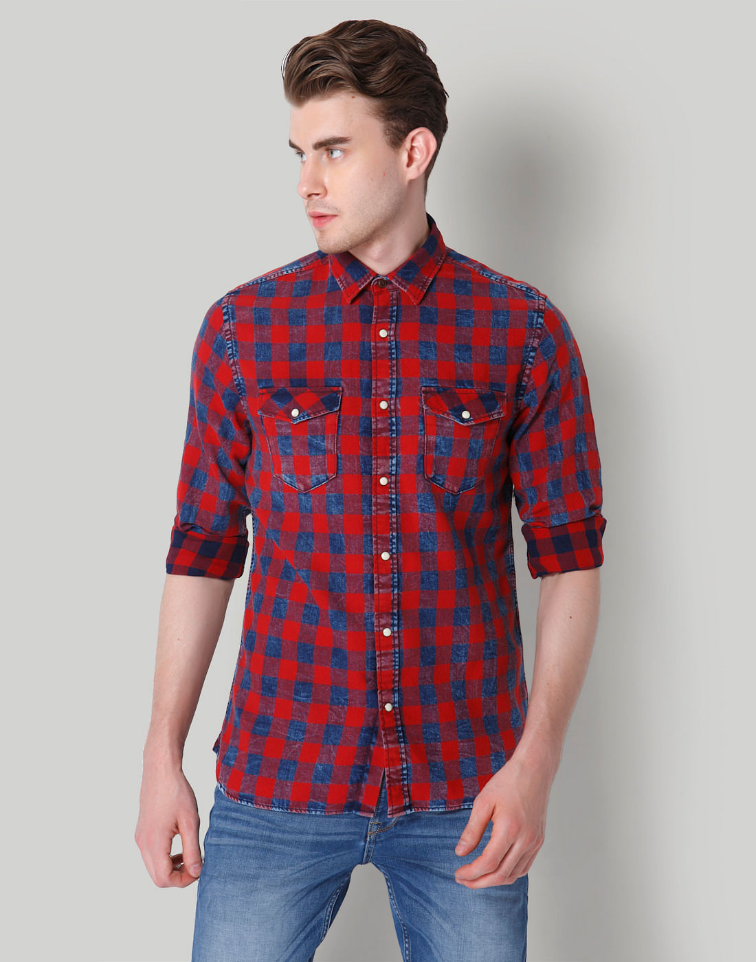 blue check shirt